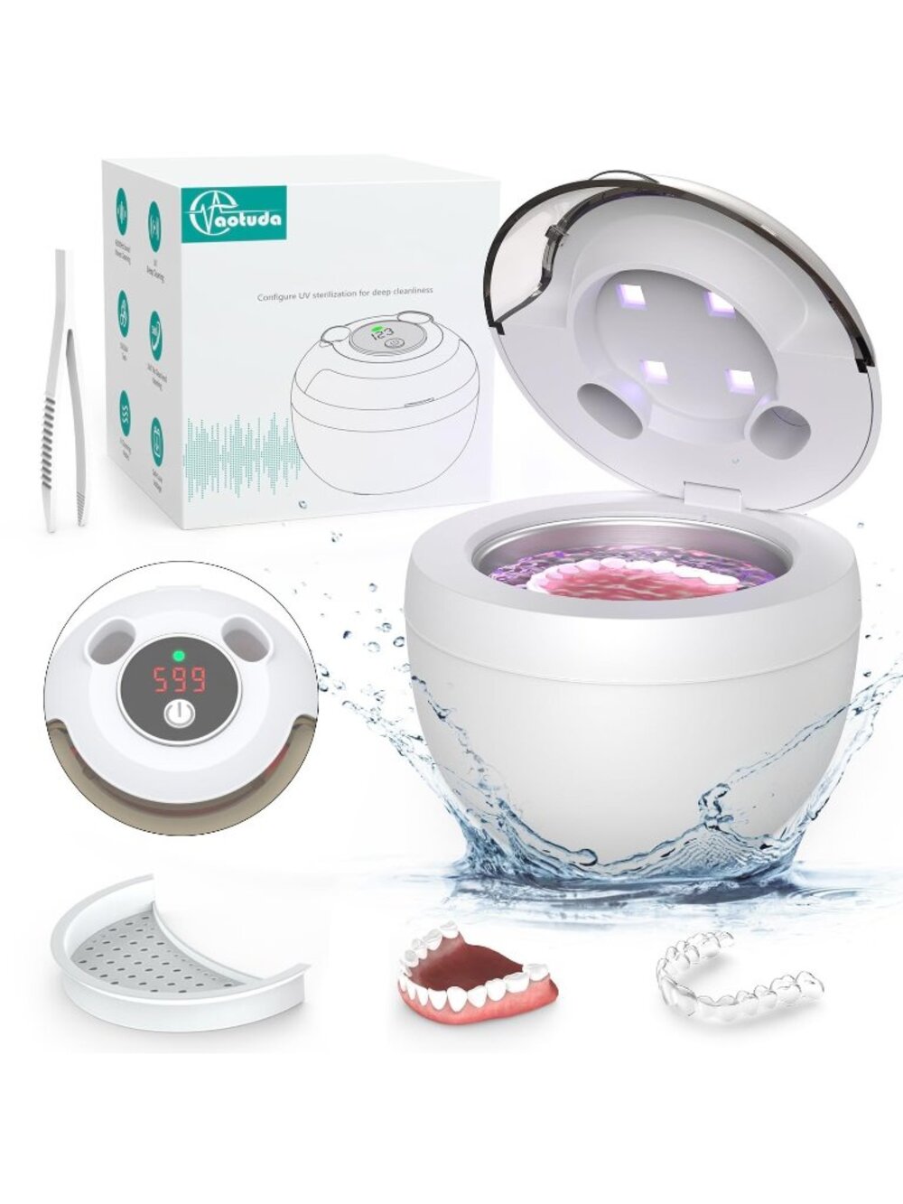 Aotuda 45kHz Retainer Cleaner Machine, 200ML Ultrasonic Dental Cleaning Pod with